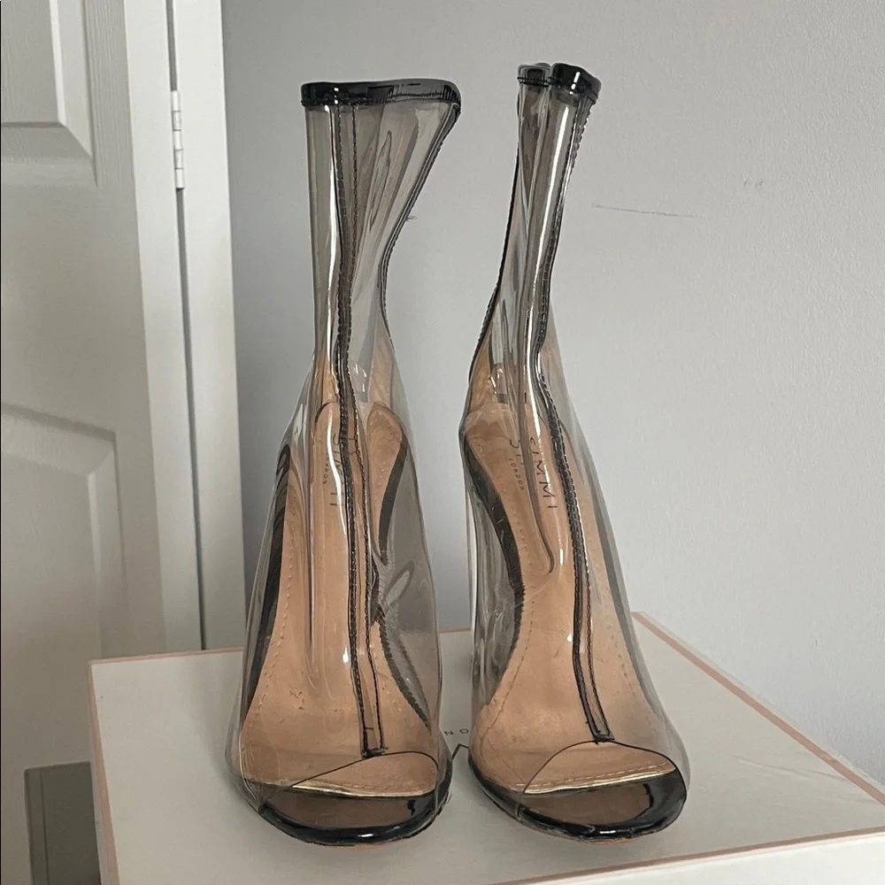 Transparent Peep-Toe Ankle Booties in Smoke